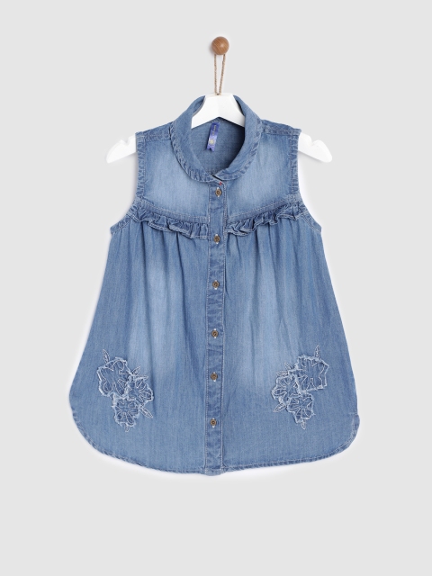 

YK Girls Blue Solid Denim Shirt Style Top