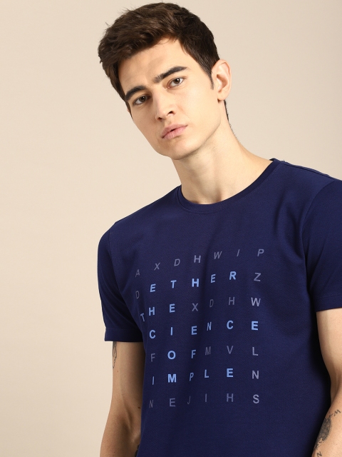 

ether Men Navy Blue Printed Round Neck T-shirt