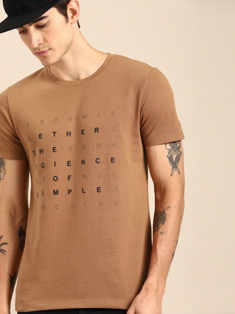 

ether Men Brown Printed Round Neck Pure Cotton T-shirt