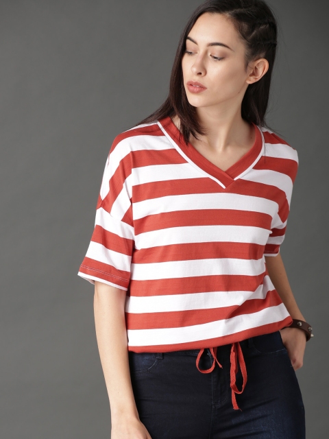 

Roadster Women Rust Red & White Striped Boxy Pure Cotton Top