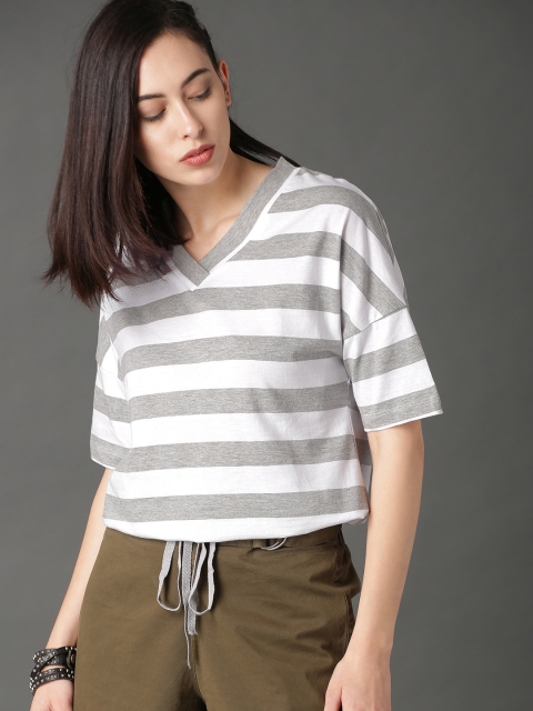 

Roadster Women Grey Melange & White Striped Boxy Top