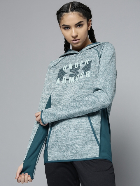 

UNDER ARMOUR Women Teal Green Solid New Fleece Big Logo Twist Hooded Sweatshirt