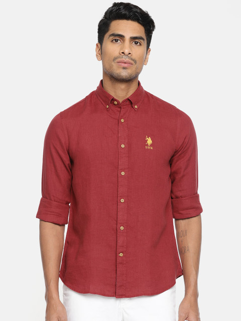

U.S. Polo Assn. Men Maroon Tailored Fit Solid Linen Casual Shirt