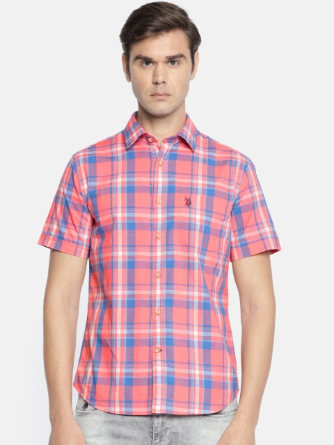 

U.S. Polo Assn. Men Coral & Blue Tailored Fit Checked Casual Shirt