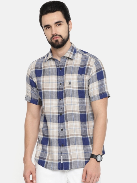 

U.S. Polo Assn. Men Navy Blue & Beige Tailored Fit Checked Casual Irish Linen Shirt