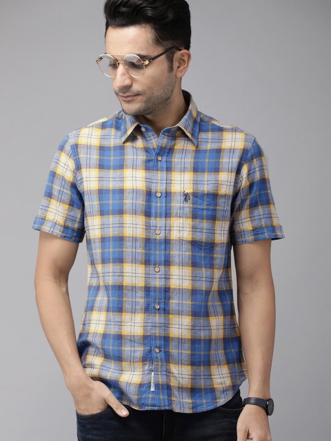 

U.S. Polo Assn. Men Blue & Yellow Tailored Fit Checked Casual Linen Shirt