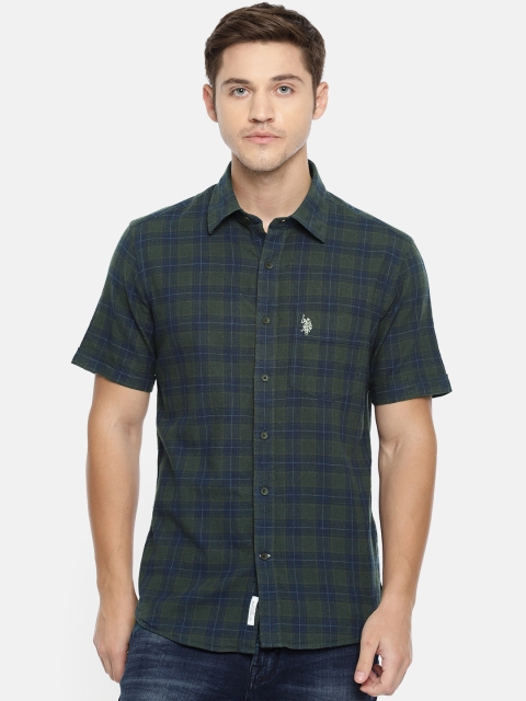 

U.S. Polo Assn. Men Navy Blue & Olive Green Tailored Fit Checked Casual Shirt