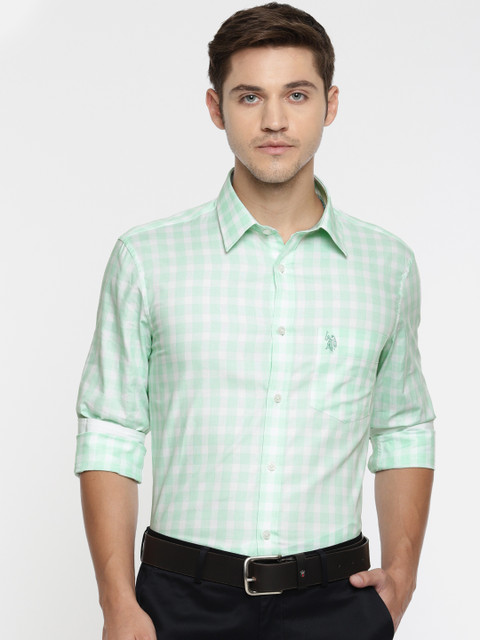 

U.S. Polo Assn. Tailored Men Sea Green & White Tailored Fit Checked Semi-Formal Shirt