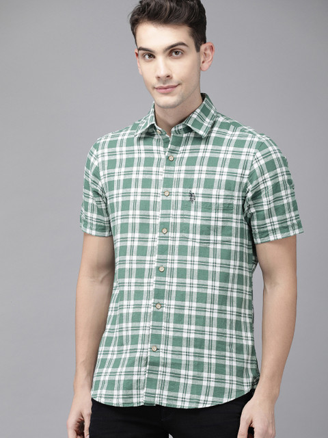 

U.S. Polo Assn. Men Green & White Tailored Fit Checked Casual Linen Shirt