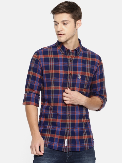 

U.S. Polo Assn. Men Navy Blue & Orange Tailored Fit Checked Casual Shirt