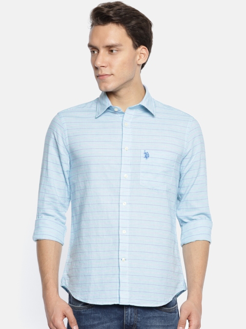 

U.S. Polo Assn. Men Blue Tailored Fit Striped Casual Shirt