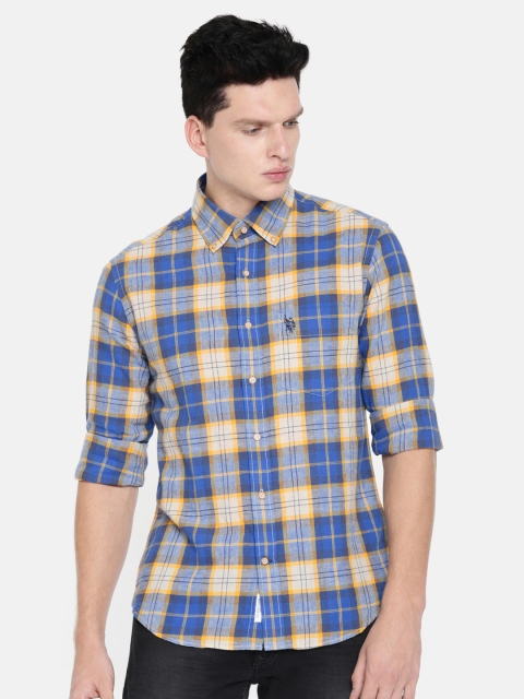 

U.S. Polo Assn. Men Blue & Yellow Tailored Fit Checked Casual Shirt
