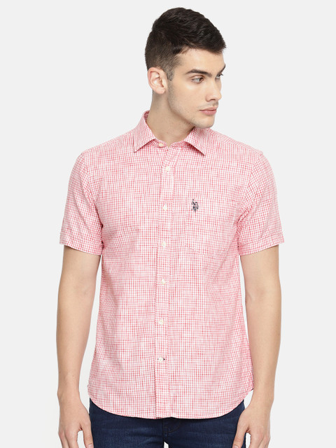 

U.S. Polo Assn. Men Coral & White Tailored Fit Checked Casual Shirt