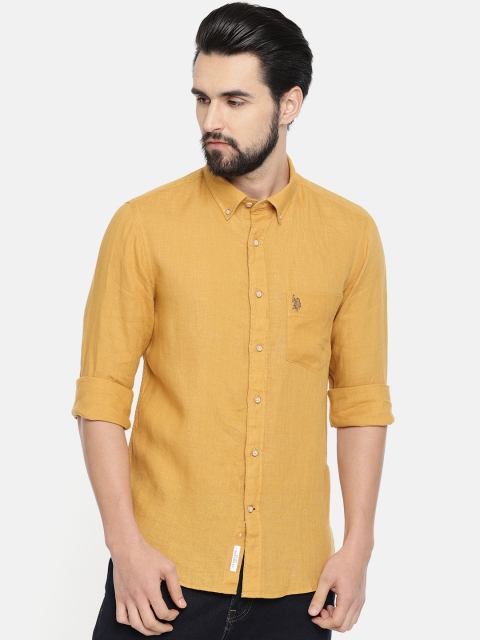 

U.S. Polo Assn. Men Mustard Yellow Tailored Fit Solid Linen Casual Shirt