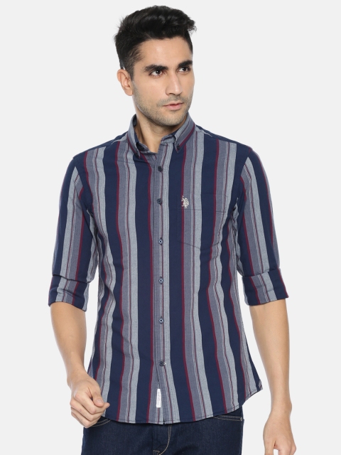 

U.S. Polo Assn. Men Navy Blue & Grey Tailored Fit Striped Casual Shirt