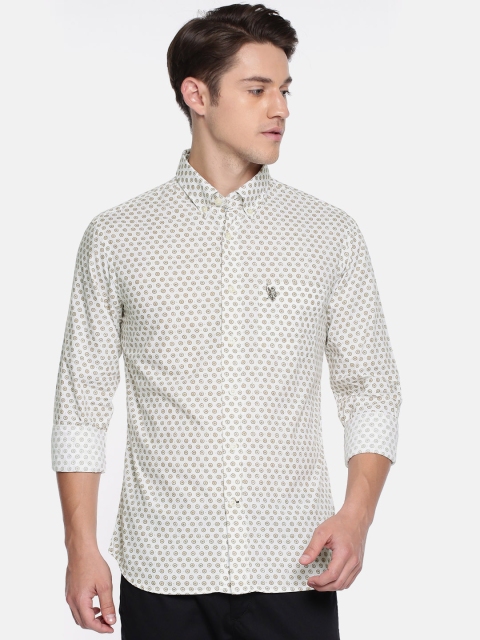 

U.S. Polo Assn. Men White & Beige Tailored Fit Printed Casual Shirt