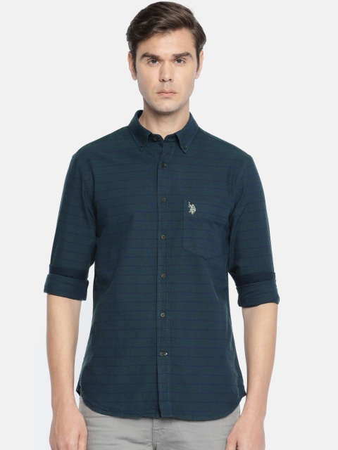 

U.S. Polo Assn. Men Teal Green Tailored Fit Striped Casual Shirt