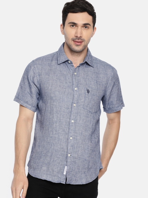 

U.S. Polo Assn. Men Blue Tailored Fit Self Design Casual Shirt