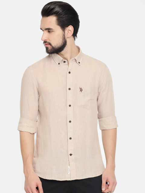 

U.S. Polo Assn. Men Beige Tailored Fit Solid Linen Casual Shirt