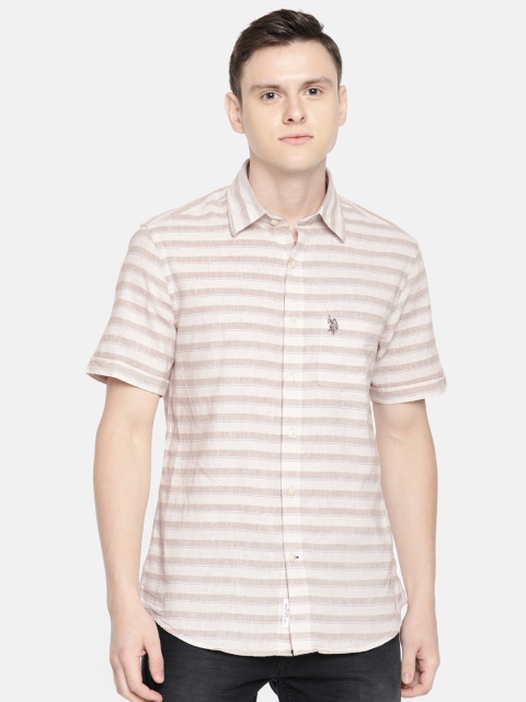 

U.S. Polo Assn. Men Beige & Blue Tailored Fit Striped Casual Shirt