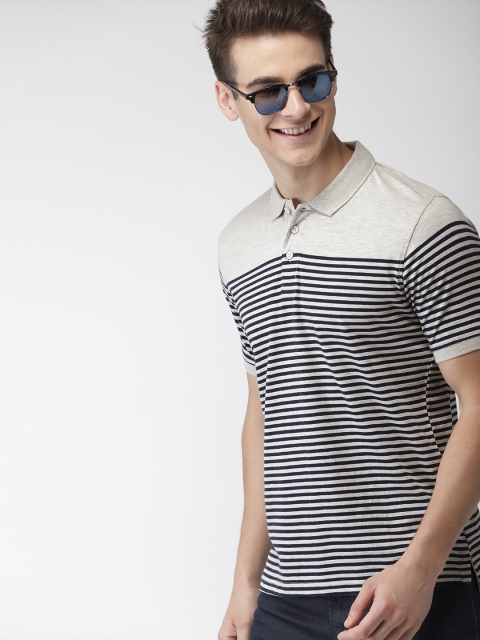 

Mast & Harbour Men Grey Striped Polo Collar T-shirt