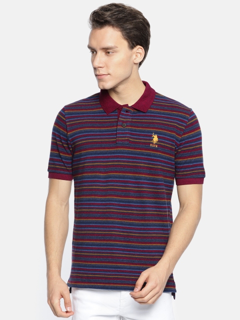 

U.S. Polo Assn. Men Navy Blue Maroon Striped Polo Collar Pure Cotton T-shirt