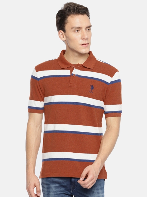 

U.S. Polo Assn. Men Brown & White Striped Polo Collar Pure Cotton T-shirt