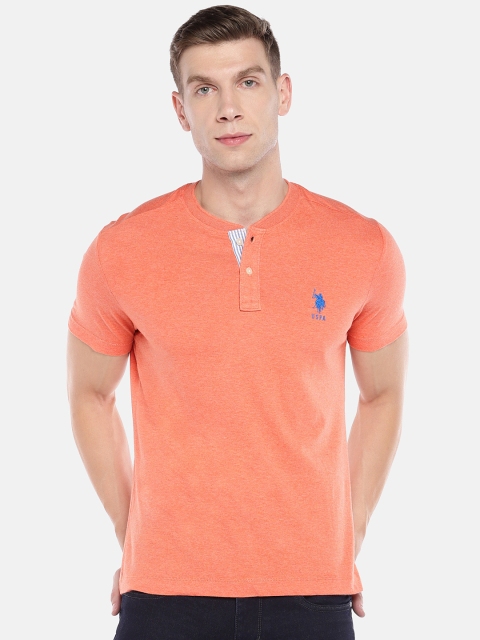 

U.S. Polo Assn. Men Coral Orange Solid Henley Neck Pure Cotton T-shirt