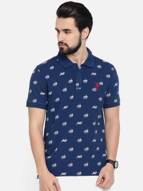 

U.S. Polo Assn. Men Blue Printed Polo Collar Pure Cotton T-shirt