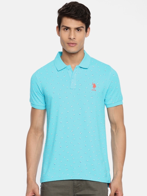 

U.S. Polo Assn. Men Turquoise Blue Printed Polo Collar Pure Cotton T-shirt