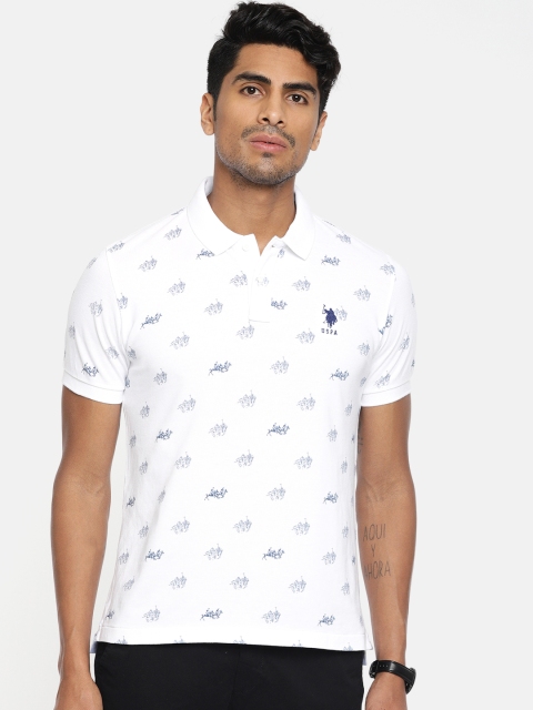 

U.S. Polo Assn. Men White & Navy Blue Printed Polo Collar T-shirt