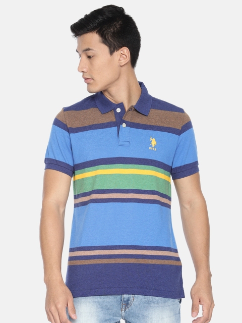 

U.S. Polo Assn. Men Blue Striped Polo Collar Pure Cotton T-shirt