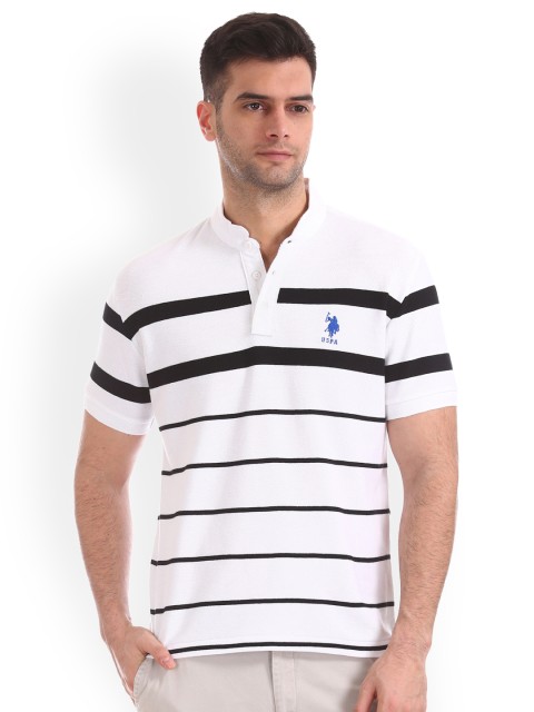 

U.S. Polo Assn. Men White Striped Mandarin Collar T-shirt