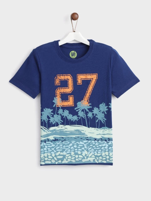 

YK Boys Blue Printed Round Neck T-shirt