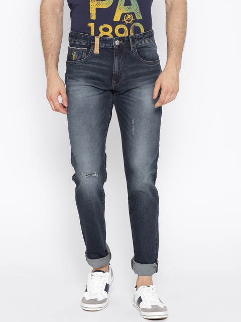 

U.S. Polo Assn. Denim Co. Men Navy Blue Tapered Fit Mid-Rise Low Distress Stretchable Jeans