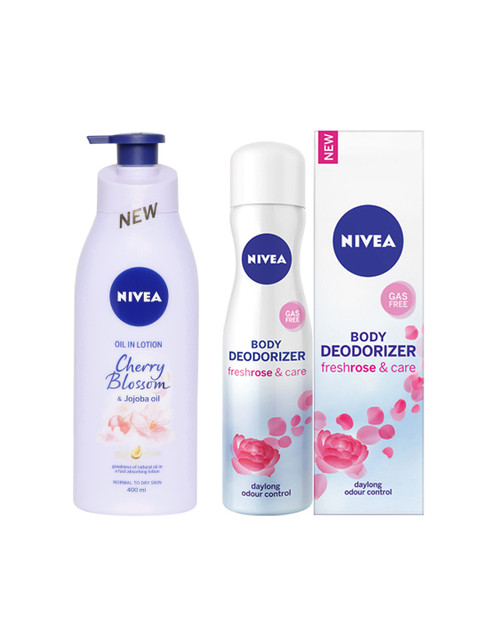 

Nivea Women Set of Cherry Blossom & Jojoba Oil Lotion & Freshrose & Care Body Deodorizer, Lavender