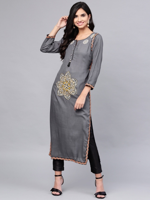 

ANAISA Women Grey Patch Work Straight Kurta