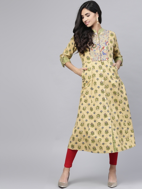 

ANAISA Women Green Printed A-Line Kurta, Olive