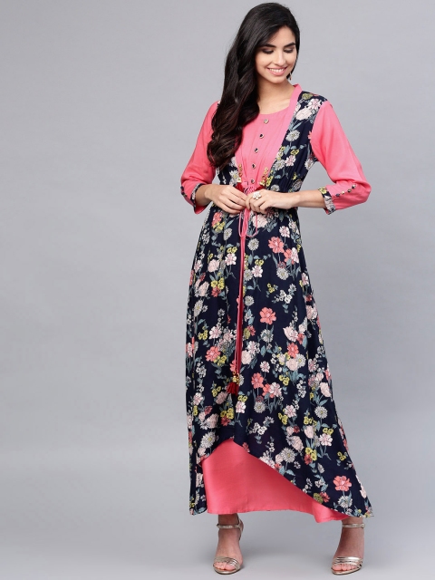 

ANAISA Women Pink & Navy Printed Layered Maxi Dress