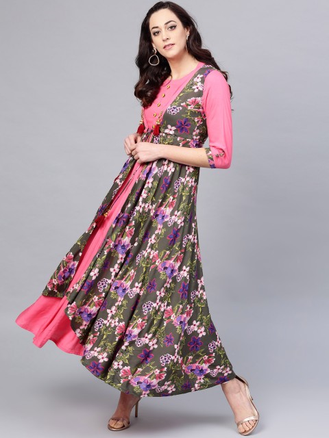 

ANAISA Women Pink Solid Maxi Dress with Printed Jacket