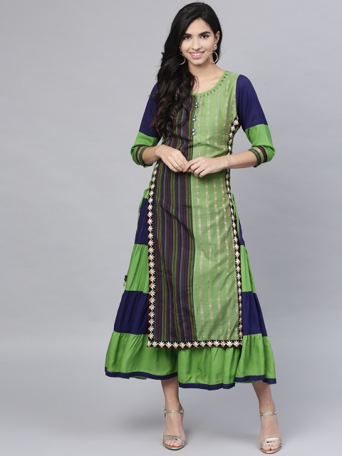 

ANAISA Women Green & Navy Striped Layered Maxi Dress