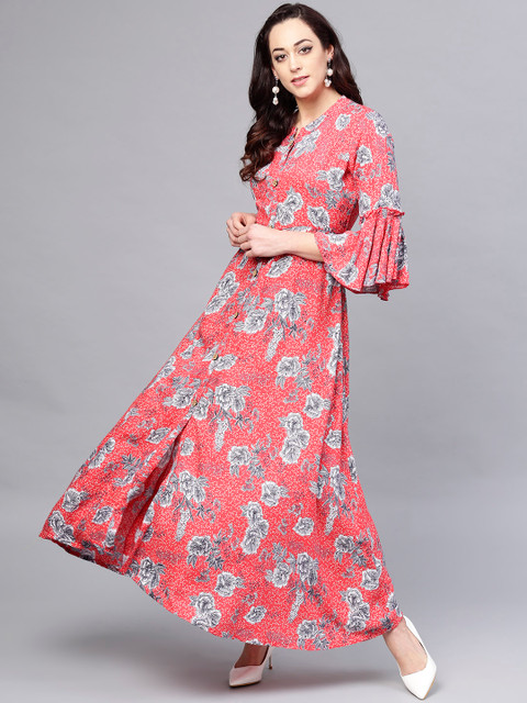 

ANAISA Women Coral Pink Printed Maxi Dress