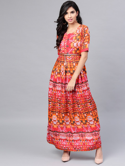 

ANAISA Women Red & Orange Printed Maxi Dress