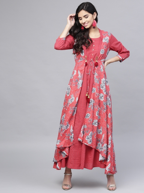 

ANAISA Women Coral Red Printed Layered Maxi Dress