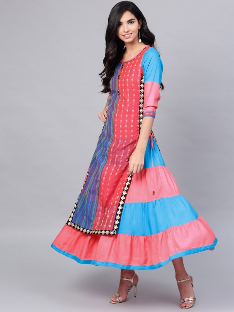 

ANAISA Women Pink & Blue Striped Layered Maxi Dress