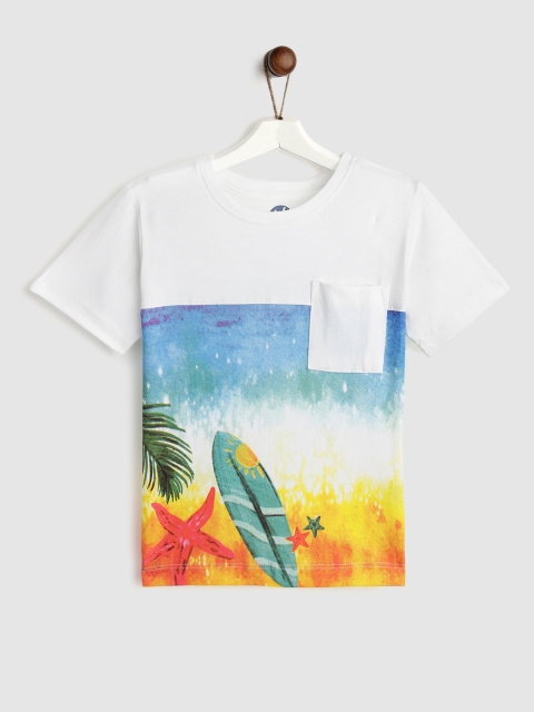 

YK Boys White & Blue Printed Round Neck T-shirt