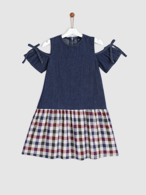 

YK Girls Blue and Red Checked Drop-Waist Denim Dress with Cold Shoulder