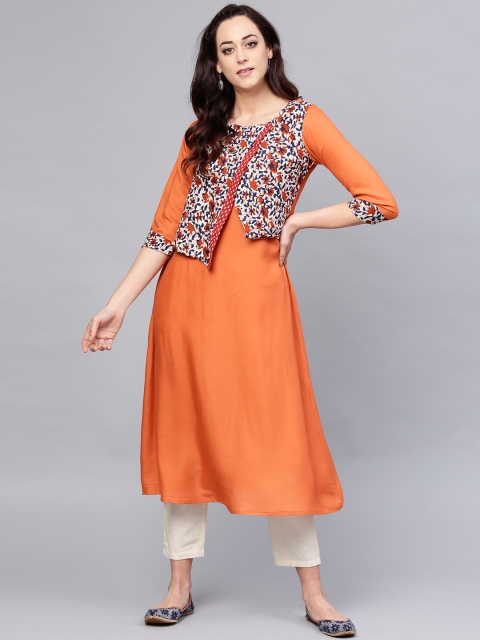 

ANAISA Women Orange & White Printed A-Line Layered Kurta