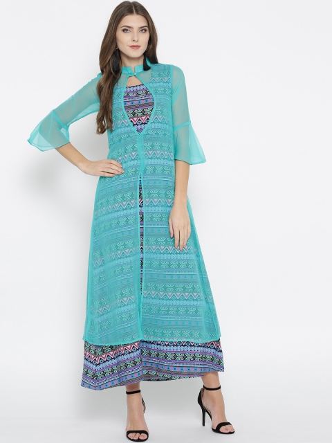 

Cottinfab Women Turquoise Blue Layered Printed Maxi Dress