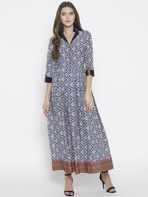 

Cottinfab Women White & Navy Blue Printed Maxi Dress